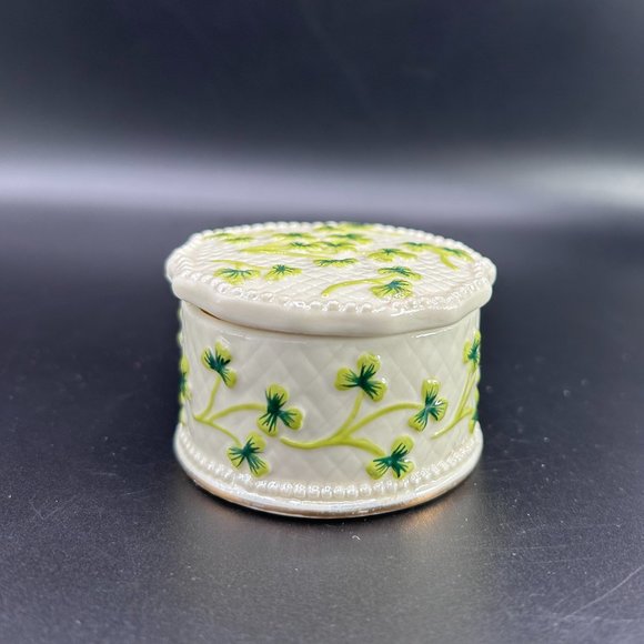 Lidded Ceramic Trinket Holder Box Storage Container White Green Floral - Picture 3 of 8